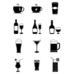Drink icon set on black color. Drink alcohol icon collection isolated on white background. Sign of hot drink cup, cocktails, bottle with glass of wine. Vector illustration for web