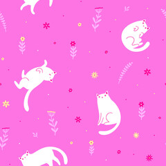 Fototapeta na wymiar Seamless vector pattern with cute funny white cats and small flowers on pink background.