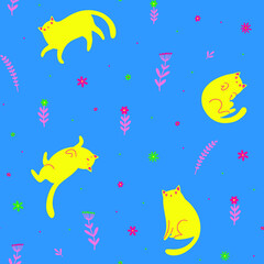 Seamless vector pattern with cute funny yellow cats and small flowers on blue background.