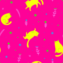Fototapeta na wymiar Seamless vector pattern with cute funny yellow cats and small flowers on pink background.