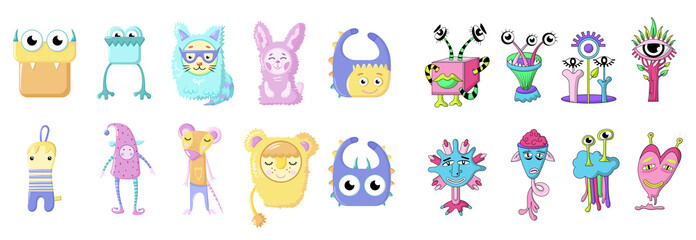 A collection of funny hand-drawn cute toy monsters for kids. Colorful large vector set. Vector isolated monster characters for kids.