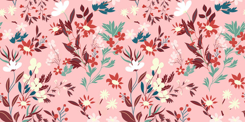 
Seamless floral pattern with colorful flowers, leaves on a bright pastel pink background. Fresh wildflowers spring, summer botanical print for textiles, wallpapers, covers... Vector illustration. - 503345690