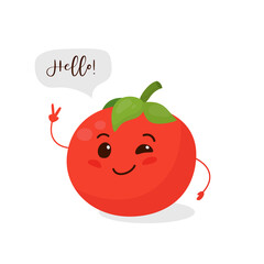 Tomato says Hello. Cute Tomato Isolated on White Background. Funny Smiling Tomato. Vector Design Template for Banner, Card, T-shirt Print. Kids, Children, Baby, Vegan, Vegetarian, Food Concept