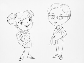 Happy girl and boy in school uniform. Smiling kids, school friends, siblings. Male and female children. Hand painted illustration on a paper.