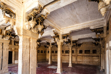 Rich decorated hall inside of Bundi palace in Rajasthan, India, Asia