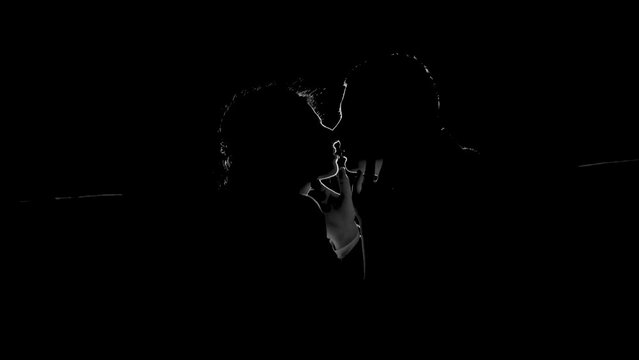 Silhouette of couple in love in dark room. Contours of faces are highlighted. Man and woman kissing and tenderly touching. Passionate feelings. Artistic effect. Soft focus. Professional lighting.
