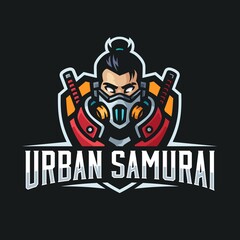 Urban samurai mascot logo template for label, badge, sign or advertising. Emblem concept mascot illustration of future ninja with two katanas on back. 