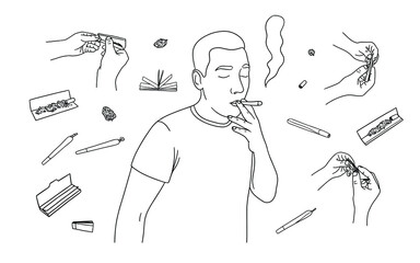 Vector set with a man smoking a cigarette, hands rolling weed joint, rolling paper, filters and buds of marijuana 