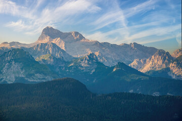 Scenic view on Triglav summit and biggest mountain range of Julian Alps from Vogel, Slovenia