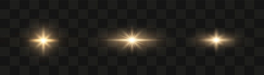 Set of glowing light stars with sparkles. Transparent shining sun, star explodes and bright flash. Gold bright illustration starburst.