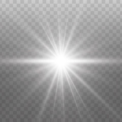 White glowing light star on a black background. Transparent shining sun, star explodes and bright flash. White bright illustration starburst.