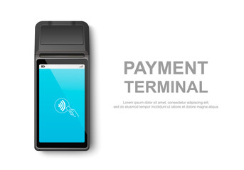 Vector Realistic 3d Touch NFC Mobile Payment Machine. POS Terminal Closeup Isolated on White. Design Template of Bank Payment Wireless Contactless Terminal, Mockup. Payments device. Top View - obrazy, fototapety, plakaty