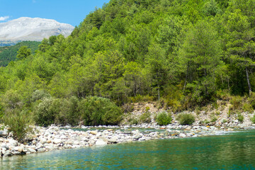 Fototapeta na wymiar Cinca river in aragon forest. Spanish mountain River with its wonderful natural pools in the crystal clear water in the north of Huesca, spain