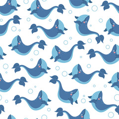 Fototapeta premium Cute little whales seamless cover print pattern concept. Vector flat cartoon graphic design illustration