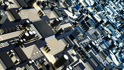 High Angle View of a Circuit Board with Depth of Field 3D Rendering