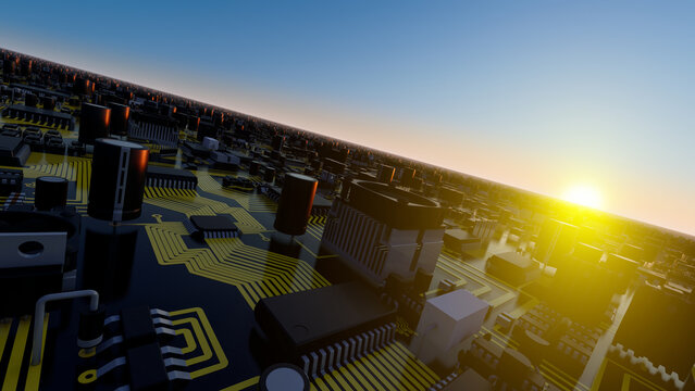 Tilted Image of a Circuit Board with Sunset 3D Rendering