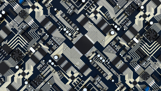 Top View of a Circuit Board 3D Rendering
