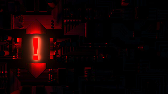 Top View of a Circuit Board in the Dark with a Luminous Exclamation Mark 3D Rendering