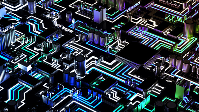 Top View of a Futuristic Electronic Board 3D Rendering