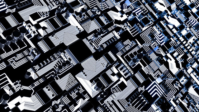High Angle View of an Illuminated Circuit Board 3D Rendering