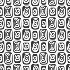 Abstract vector hand drawn tiles seamless pattern. Tiles with spiral curls. Repeating ornament. Black and white background.  For wrapping, paper cover, textile, fabric, cloth.