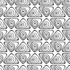 Abstract vector hand drawn triangles seamless pattern. Triangles with spiral curls, stripes. Repeating doodle ornament. Black and white background.  For wrapping, paper cover, textile, fabric, cloth.
