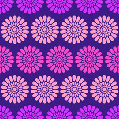Seamless african fashion vector pattern with circles, ornamental round shapes. Bright, vibrant colors. Pink, purple colors. Color illustration.