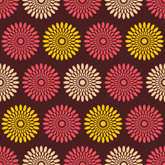 Fototapeta na wymiar Seamless african fashion vector pattern with circles, ornamental rounded shapes. Bright, vibrant colors. Red, yelloe, beige colors. Color illustration.