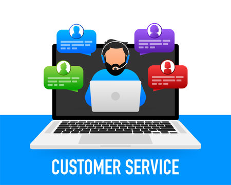 Customer help. Tech support. Cartoon vector illustration. Feedback service internet technology. Online support center.