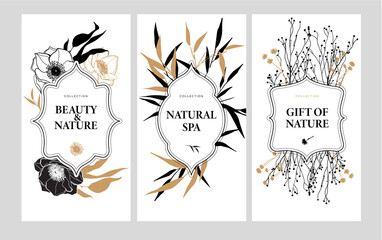 A set of packaging templates with gold leaves and flowers for luxury products. Design template of leaflet cover, packaging, card for the hotel, beauty salon, spa, restaurant.