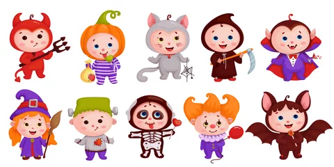 Fotobehang Schattige dieren set Een stel kinderen in Halloween-kostuums. Grappige stripfiguren.