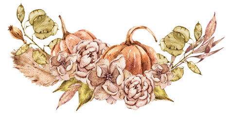 Watercolor pumpkin boho dried flower wreath illustration. Fall floral clipart for wedding invitation, Halloween decoration, Thanksgiving cards