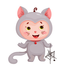 Kid dressed as a gray cat with a cobweb in his hand for a Halloween party.Cartoon vector graphics.