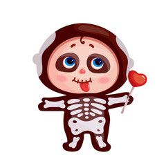Kid in skeleton costume with red lollipop for Halloween party.Cartoon vector graphic.