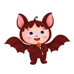 Kid in bat costume with sweet lollipop for Halloween party.Cartoon vector graphic.