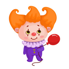 Kid in red clown costume with red balloon for Halloween party.Cartoon vector graphic.