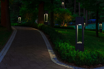 garden landscaping atmospheric evening decorative environment place with walking trail, lamp