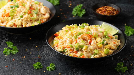 Prawn fried rice with eggs and vegetables in black bowl. Healthy asian food.