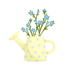 Bouquet of field blue flowers in a vintage garden watering can.Cartoon vector graphic.