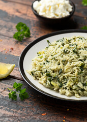 Spanakorizo, greek spinach rice. Healthy vegetarian food.