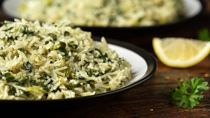 Spanakorizo, greek spinach rice. Healthy vegetarian food.