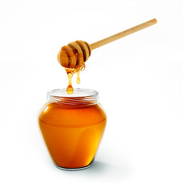 Honey dripping from wooden honey dipper with glass of honey - 3D illustration	

