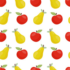 Seamless pattern with fresh cute red apples and green pears in flat style. Fruit pattern for cloth, textile, wrap and other design. Cartoon vector illustration
