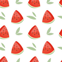 Seamless pattern with fresh cute red piece of watermelon and leaves in flat style. Fruit pattern for cloth, textile, wrap and other design. Cartoon vector illustration