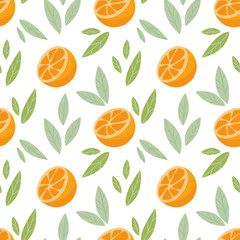 Seamless pattern with fresh cute orange and leaves in flat style. Fruit pattern for cloth, textile, wrap and other design. Cartoon vector illustration