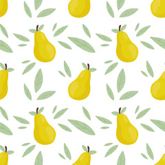 Obraz premium Seamless pattern with fresh cute green pears and leaves in flat style. Fruit pattern for cloth, textile, wrap and other design. Cartoon vector illustration