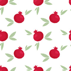 Seamless pattern with fresh cute red pomegranate and leaves in flat style. Fruit pattern for cloth, textile, wrap and other design. Cartoon vector illustration