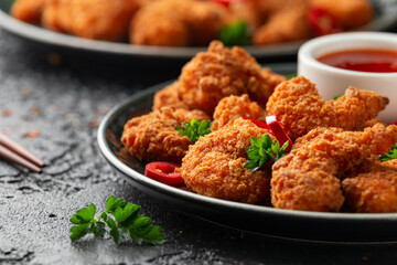 Crispy Prawns in breadcrumbs. Served with cabbage, carrot salad and soy and sweet chilli sauce