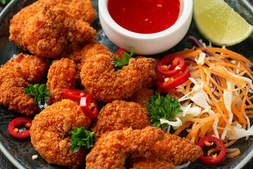 Crispy Prawns in breadcrumbs. Served with cabbage, carrot salad and soy and sweet chilli sauce