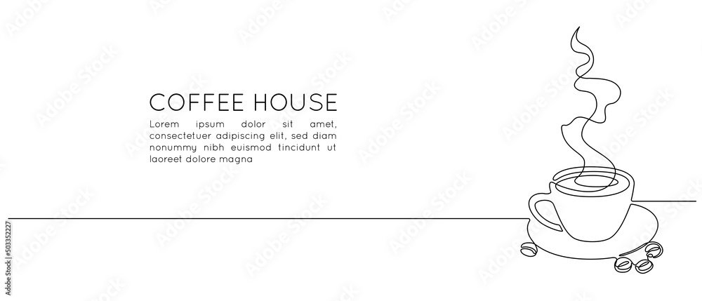 Fototapete cup coffee with aroma smoke in one continuous line drawing. minimalist silhouette concept tea mug fo